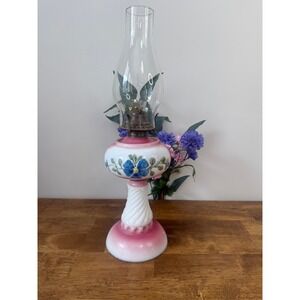 Antique Uranium Glow Hand Painted Milk Glass‎ Oil Lamp Victorian Floral Decor